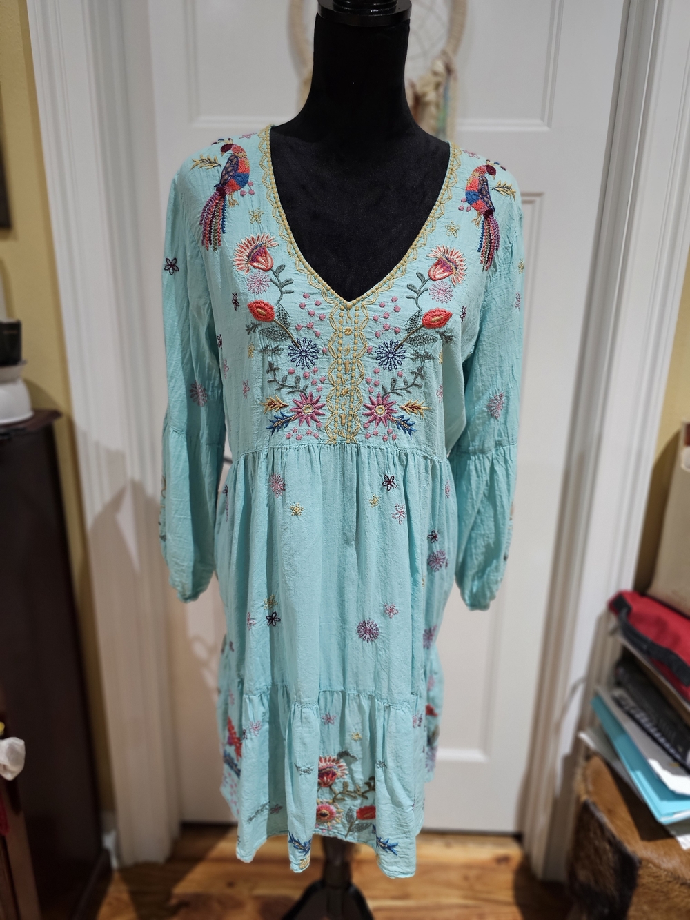 Johnny Was 'LUCY' Embroidered Midi Dress with Multicolor Floral & Parrot Motifs
